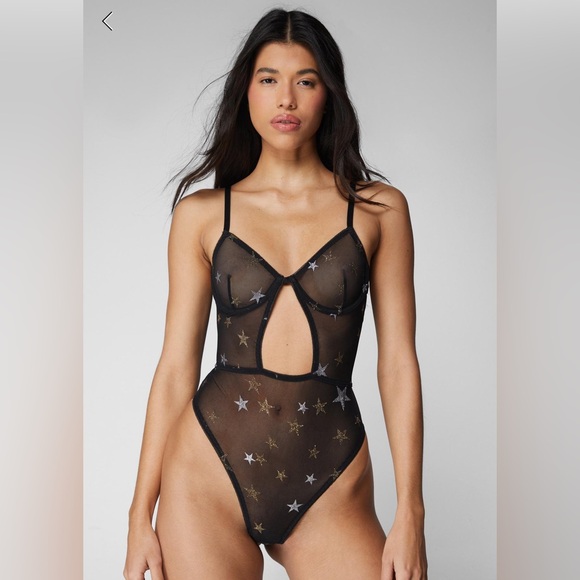 Premium Glitter Star Cut Out Lingerie Bodysuit - Picture 1 of 6